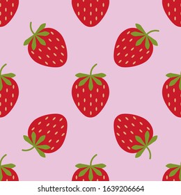 Seamless background with red strawberries. Cute vector strawberry pattern. Summer fruit illustration on pink background.