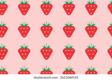 Fundo sem emenda - morangos vermelhos com ramos verdes em um fundo rosa. Geométrico abstrato papel de parede moderno com morangos. Ilustração vetorial para embalagem, tampa, tecido, marca, parede