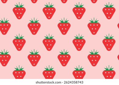 Fondo sin fisuras: fresas rojas con ramas verdes sobre un fondo rosa. Fondo de pantalla moderno abstracto geométrico con fresas. Ilustración vectorial.