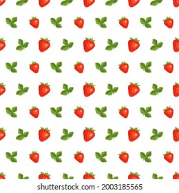 Seamless background with red strawberries and leaves. Cute summer or spring print. Festive decoration for textiles, wrapping paper and design. Vector flat illustration