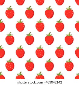 Seamless background with red strawberries on white background.  Summer fruit vector illustration. Cute design for textile and decor