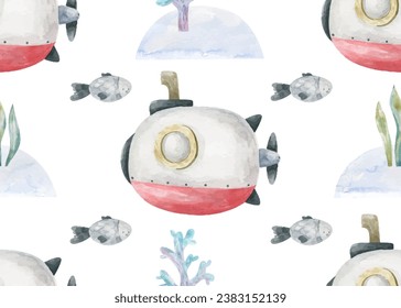 seamless background with red submarine and underwater life. Summer bright pattern for fabric design. Scandinavian style.