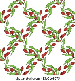 Seamless background with red tulips. Endless pattern with flowers on white background. Vector image. 