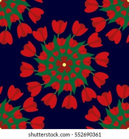Seamless background with red tulips, flower mandala pattern. For textile, manufacturing, wallpapers, print, gift wrap.