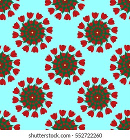 Seamless background with red tulips, flower mandala pattern. For textile, manufacturing, wallpapers, print, gift wrap.