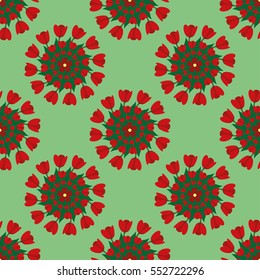 Seamless background with red tulips, flower mandala pattern. For textile, manufacturing, wallpapers, print, gift wrap.