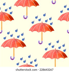 Seamless background with red umbrellas watercolor. Vector illustration of Watercolor. 