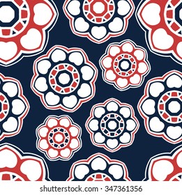 Seamless background of red, white, blue colors. Flower pattern. Seamless pattern. Beautiful floral pattern. Bright buds, leaves, flowers. Flowers for greeting cards, posters, flyers. Textiles, fabric.