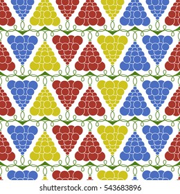 Seamless background with red, yellow and blue grapes. Colorful endless pattern in vector. Food texture for design