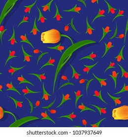 Seamless background with red and yellow tulips on a blue background. Painted botanical background with primroses. Garden flowers in a chaotic order, different sizes with a shadow. Vector illustration.