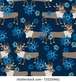 Seamless background  with reindeer and snowflakes