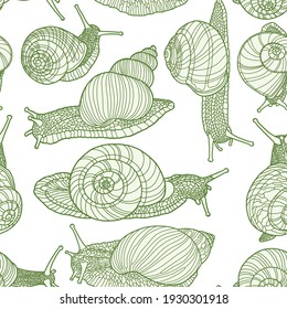 Seamless background. Relistic illustration of snails of different shapes. Green line isolated on white background. 