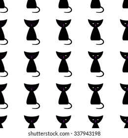Seamless background with repeating black colored meowing kittens isolated on white background