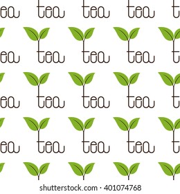 Seamless background with repeating brown colored tea lettering with two green leaves over letter t isolated on white background