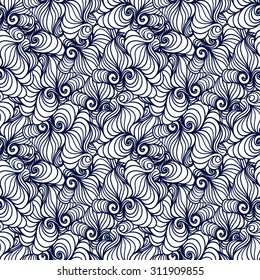 Seamless background . Repeating pattern . Curls . Sea . Hair . One color . Hand drawing . Wallpapers . Blue.