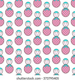 Seamless background with repeating stylized Russian doll Matryoshka isolated on white background. Textile, wrapping paper, wallpaper, boxes decoration, other packing elements template