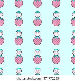 Seamless background with repeating stylized Russian doll Matryoshka isolated on light blue background. Textile, wrapping paper, wallpaper, boxes decoration, other packing elements template