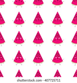 Seamless background with repeating two watermelon characters, one smiling and one crying on white. Flat style illustration