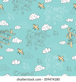 Seamless background with retro airplane, bird and clouds. Doodle line art with hand drawn design elements