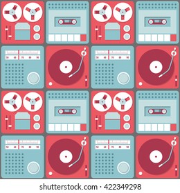 Seamless background with retro audio devices - tape recorder, gramophone, radio and cassette recorder