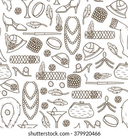 Seamless background with retro fashion 1920s 1930s objects: women hats, clothes, jewelry. Chicago party style. Old-fashioned retro-styled design. Simple hand drawn cartoon style