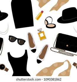 Seamless background with retro fashion objects: women hats, shoes, bags, lipsticks, eyeglasses, perfume. Old-fashioned retro-styled design. Vector illustration