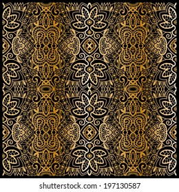 Seamless background, retro floral and geometric ornament, vector lace pattern, abstract ethnic decoration, hand drawn artwork gold on black