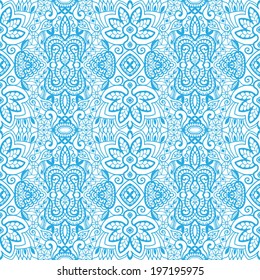 Seamless background, retro floral and geometric ornament, vector lace pattern, abstract ethnic decoration, hand drawn artwork blue on white
