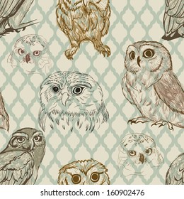 Seamless background with retro owl sketches