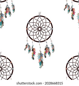 seamless background, retro pattern, ethnic doodle collection, tribal design. Hand drawn illustration with indian dreamcatchers and feathers