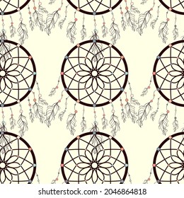 seamless background, retro pattern, ethnic doodle collection, tribal design. Hand drawn illustration with indian dreamcatchers and feathers