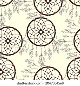 seamless background, retro pattern, ethnic doodle collection, tribal design. Hand drawn illustration with indian dreamcatchers and feathers
