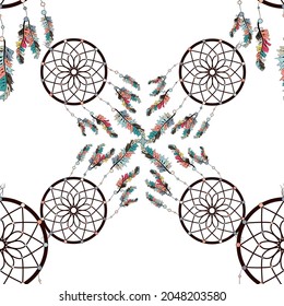 seamless background, retro pattern, ethnic doodle collection, tribal design. Hand drawn illustration with indian dreamcatchers and feathers