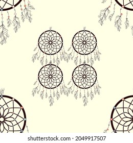 seamless background, retro pattern, ethnic doodle collection, tribal design. Hand drawn illustration with indian dreamcatchers and feathers