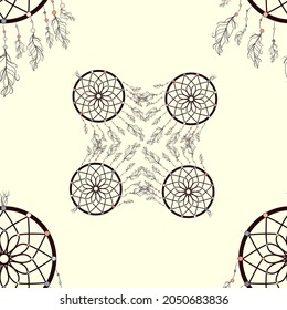 seamless background, retro pattern, ethnic doodle collection, tribal design. Hand drawn illustration with indian dreamcatchers and feathers