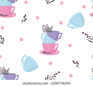 Seamless background in retro or Provence style. Ceramic cups with lavender bouquet. Vector