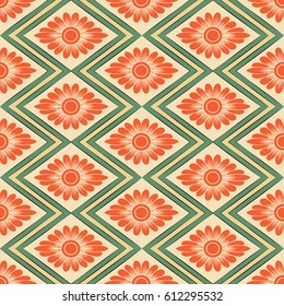 Seamless background retro rhomb check sawtooth cross frame orange flower