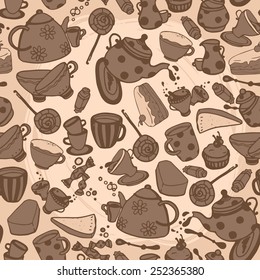 seamless background with retro style tea things, vector illustration