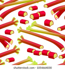 Seamless background. Rhubarb, whole and chopped. Vector illustration cartoon flat icon isolated on white.