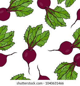 Seamless Background of Ripe Beets. Endless Pattern of Beetroot with Top Leaves. Fresh Vegetable Salad. Hand Drawn Vector Illustration. Savoyar Doodle Style.