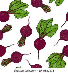 Seamless Background of Ripe Beets. Endless Pattern of Beetroot with Top Leaves and Beet Halves. Fresh Vegetable Salad. Hand Drawn Vector Illustration. Savoyar Doodle Style.