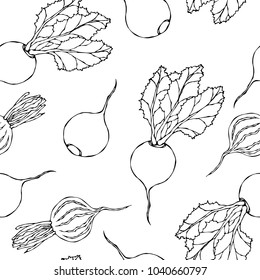 Seamless Background of Ripe Beets. Endless Pattern of Beetroot with Top Leaves and Beet Halves. Fresh Vegetable Salad. Hand Drawn Vector Illustration. Savoyar Doodle Style.