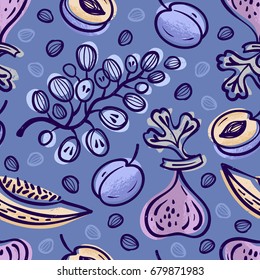 Seamless background with ripe fruits. Hand drawn texture, vector Illustration
