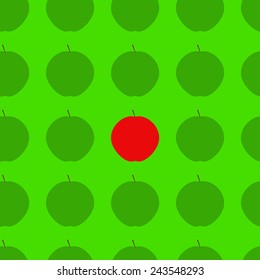 Seamless background with ripe juicy green apples and red apple among them isolated on bright green background. For wallpaper, wrapping paper, textile decoration. Concept of uniqueness