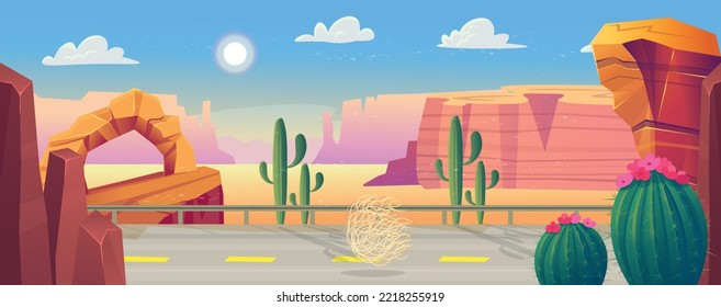 El fondo es impecable. Carretera sobre el salvaje oeste de Texas. Carretera vacía con vistas a las montañas. Paisaje con montañas rojas, cactus, carreteras y nubes. Ilustración vectorial al estilo de las caricaturas.