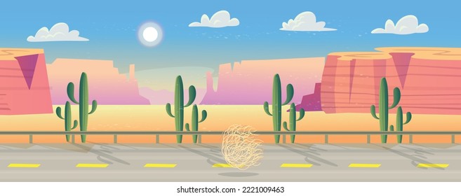  Seamless background. Road over  Wild west Texas. Empty road with mountains. Landscape with red mountains, cactus, road and clouds. Vector illustration in cartoon style.