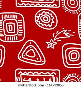 Seamless background - rock paintings theme. White on red. EPS10 vector illustration, swatch included.