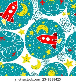 Seamless background of rockets in space. Vector illustration