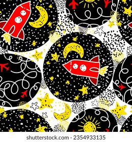 Seamless background of rockets in space. Wallpaper for the boy's children's room. Space. Vector illustration