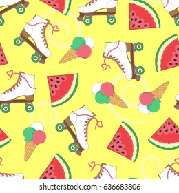 Seamless background with rollers, watermelon and ice cream. A simple pattern. Vector illustration. Summer time. Holidays.